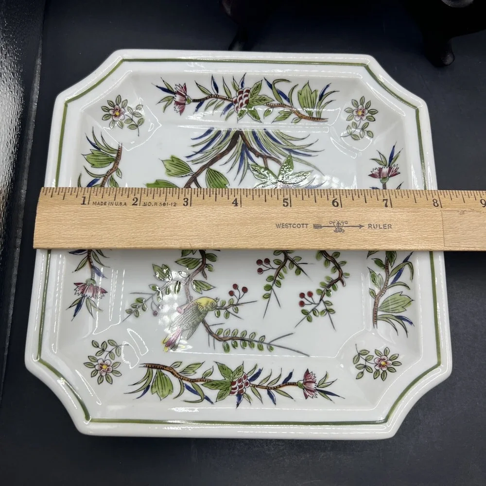 Pair Vintage Sanford Japan Porcelain Square Plates 1666 Birds Flowers Dish